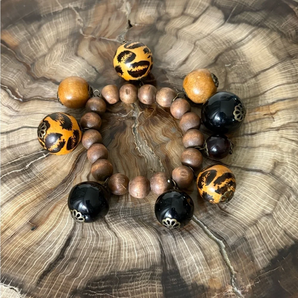 Handmade Wooden Beaded Leopard Print Stretch Bracelet
